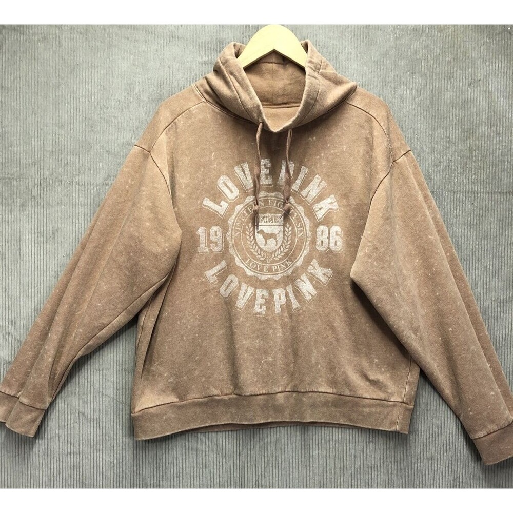 Victoria’s Secret PINK Cowl Neck Sweater L Brown Latte Logo Graphic Cozy Campus